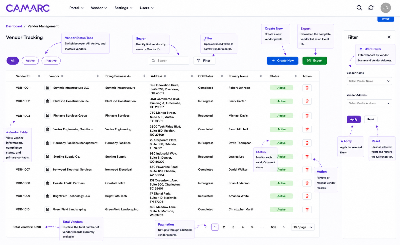 CAMARC vendor management workspace with onboarding and compliance controls.